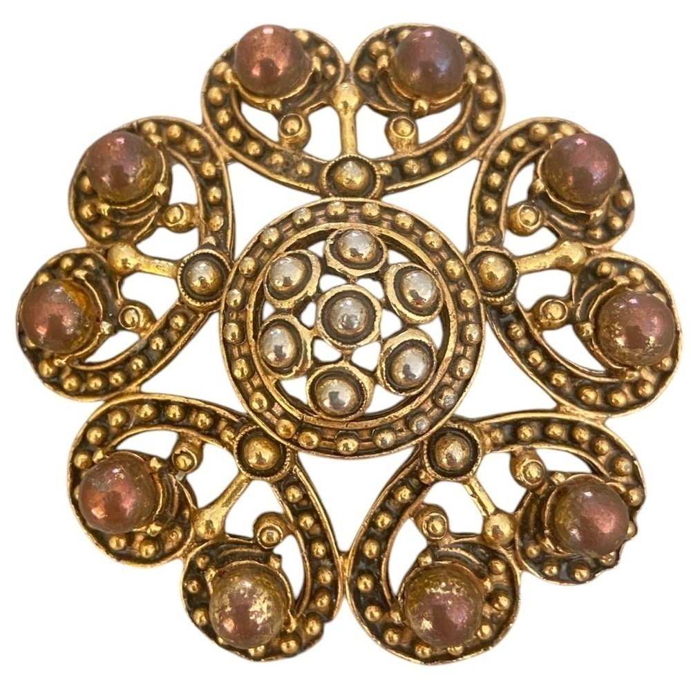 Vintage Florenza antique gold & bronze faux pearl round heart brooch marked